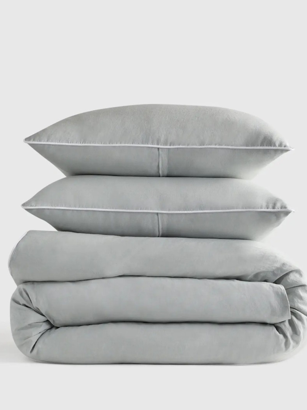 Quince European Linen Piped Duvet Cover Set In Full / Queen, Mist / White, New!